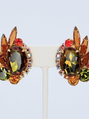 Vintage D&E Juliana Heliotrope Fall Tones Rhinestone Clip-on Earrings 1960s